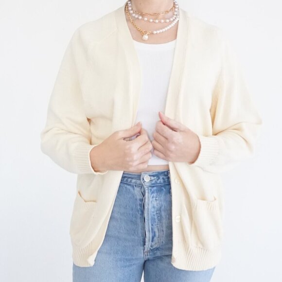 Vintage Basics International Cream Knit 100% Cotton Button Up Cardigan Sweater L - Picture 2 of 11
